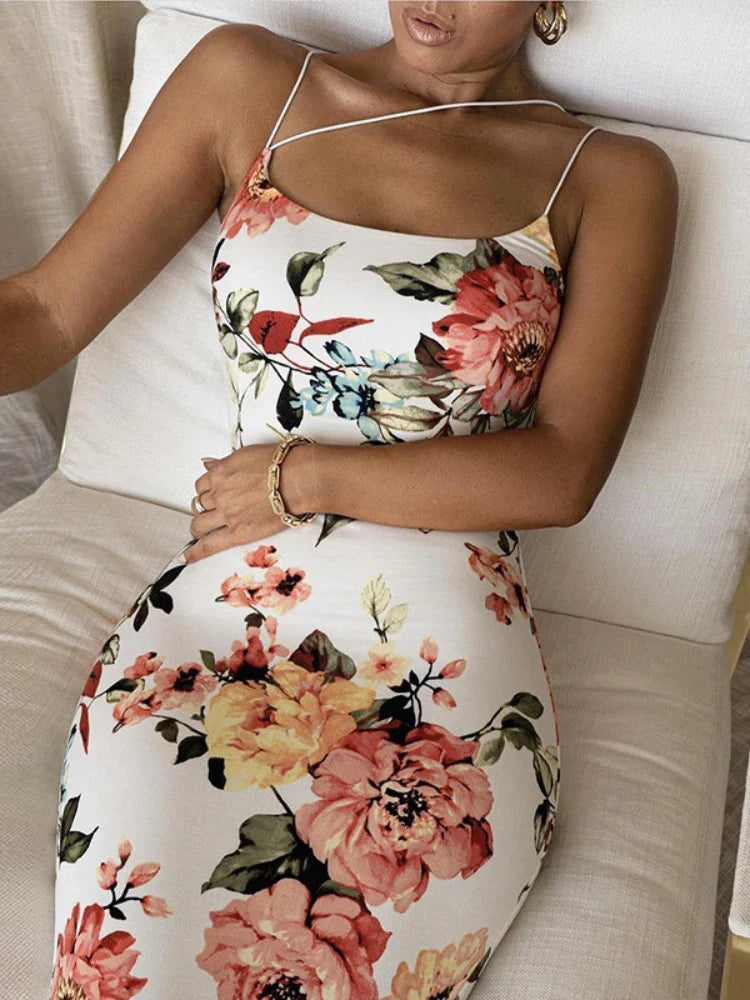 Vintage Slim Bodycon Spaghetti Strap Maxi Floral Dress