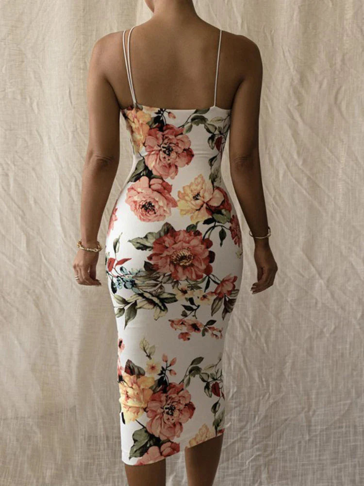 Vintage Slim Bodycon Spaghetti Strap Maxi Floral Dress