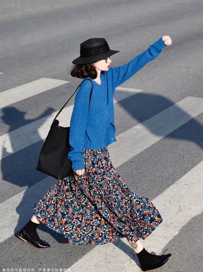 Vintage Flower Print High Waist Pleated Skirt