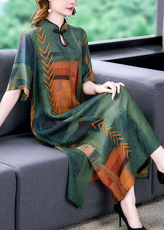 Abstract Geometric Print Mandarin Collar Frog Shift Midi Dress