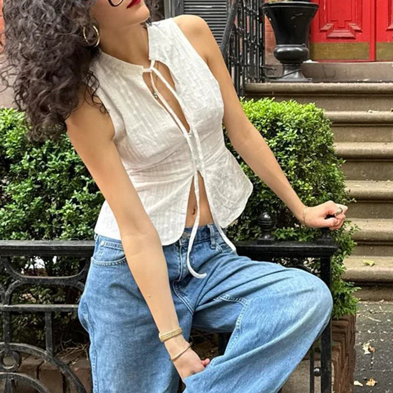 Vintage Jacquard Tie Up Neck Front Cutout Y2K Cottage Streetwear Crop Top