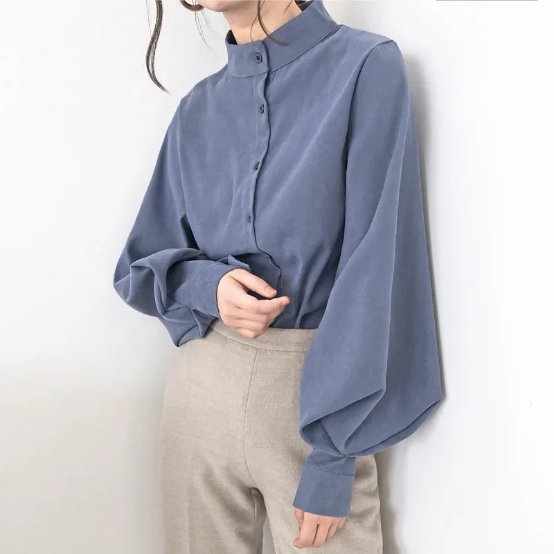 Vintage Lantern Sleeve Loose Stand Collar Blouse