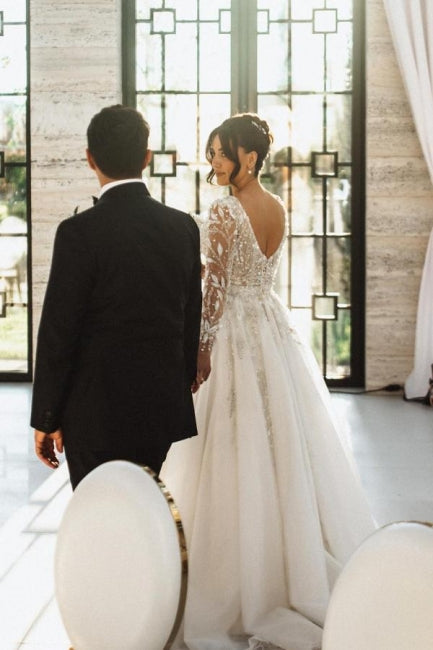 Vintage Inspired Long A-line V-neck Lacy Wedding Dress with Romantic Long Sleeves - Fashionpara