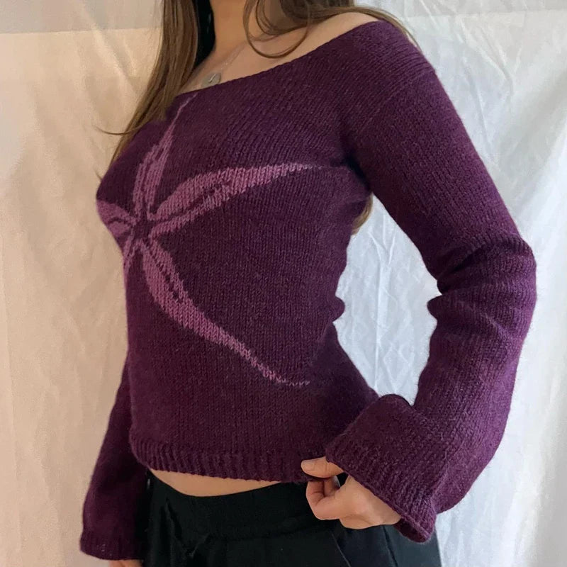 Off Shoulder Long Sleeve Graphic Knit Sweater for Women