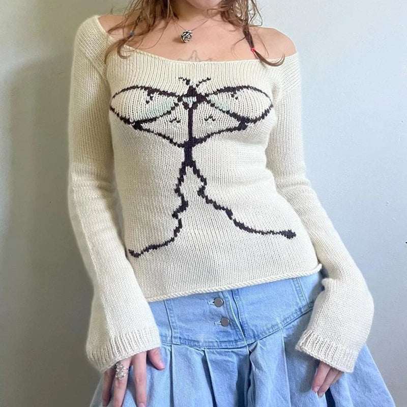 Off Shoulder Long Sleeve Graphic Knit Sweater for Women