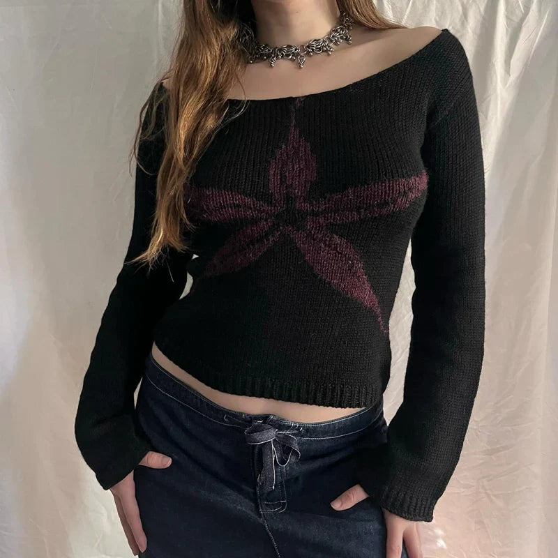 Off Shoulder Long Sleeve Graphic Knit Sweater for Women