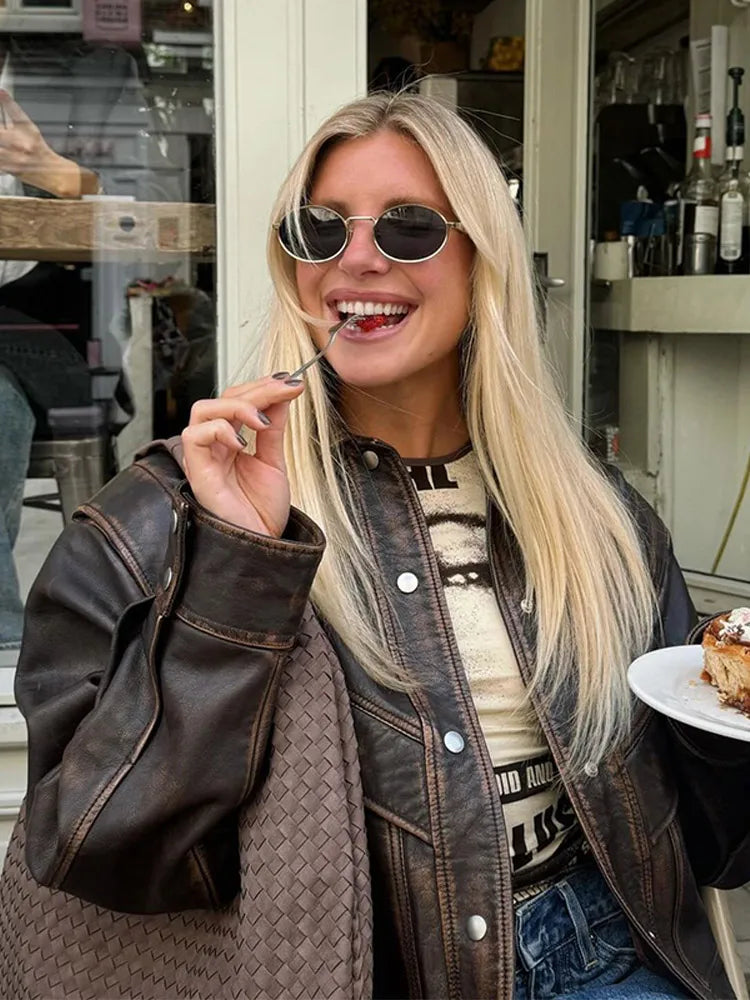 Brown Cropped Lapel Leather Coat