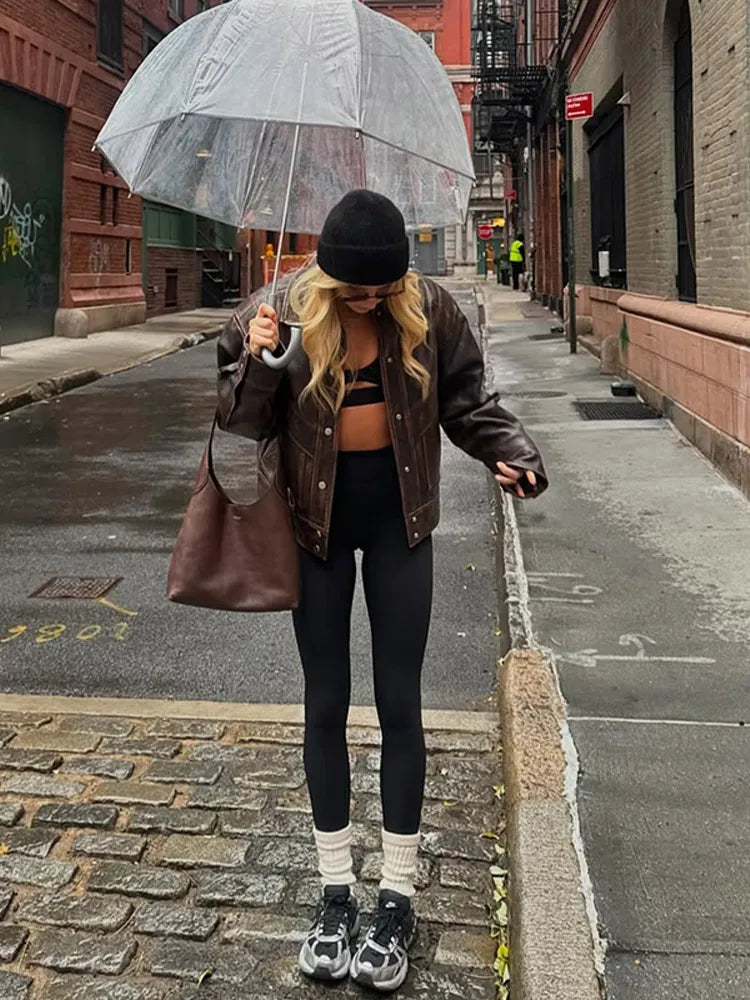 Brown Cropped Lapel Leather Coat