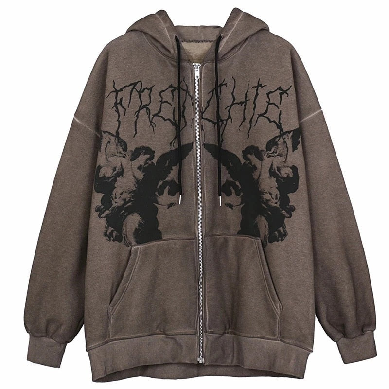 Vintage Printed Zip Up Hoodie