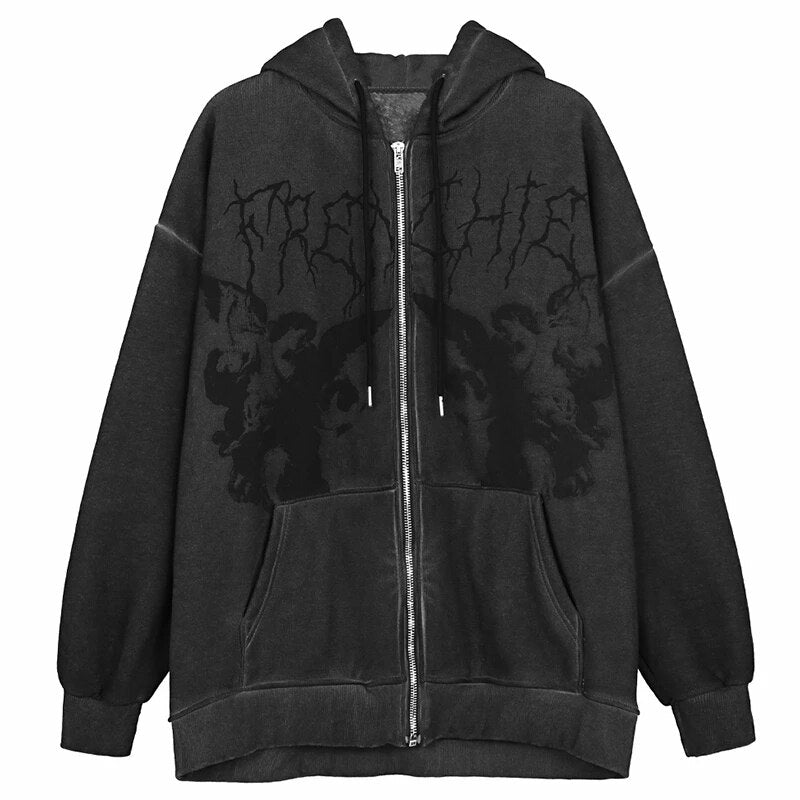 Vintage Printed Zip Up Hoodie Black / M Sweatshirts & Hoodies-L