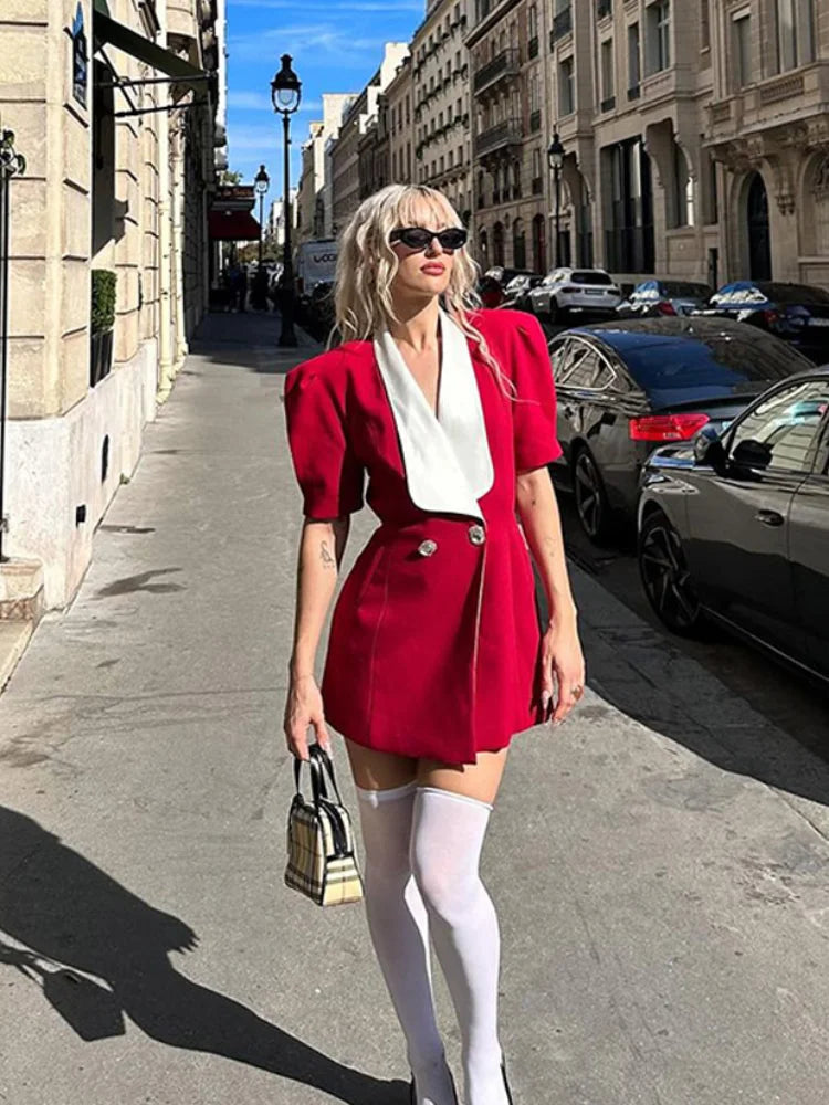 Red Button Mini Dress with V Neck - A-Line Christmas Party Dress - Fashionpara