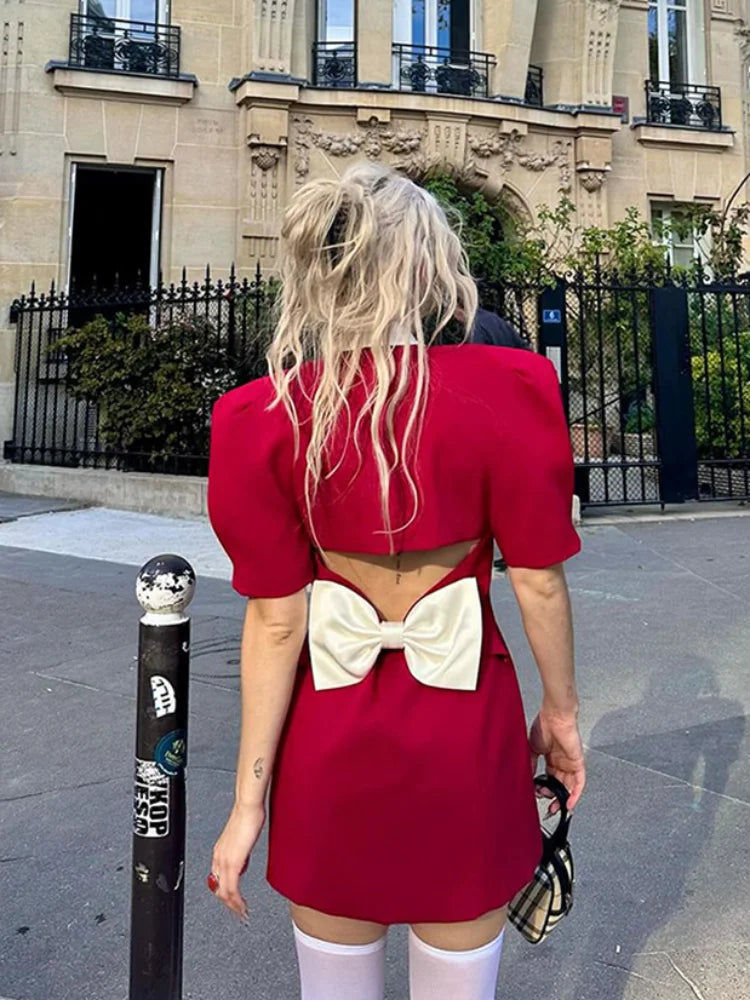 Red Button Mini Dress with V Neck - A-Line Christmas Party Dress - Fashionpara