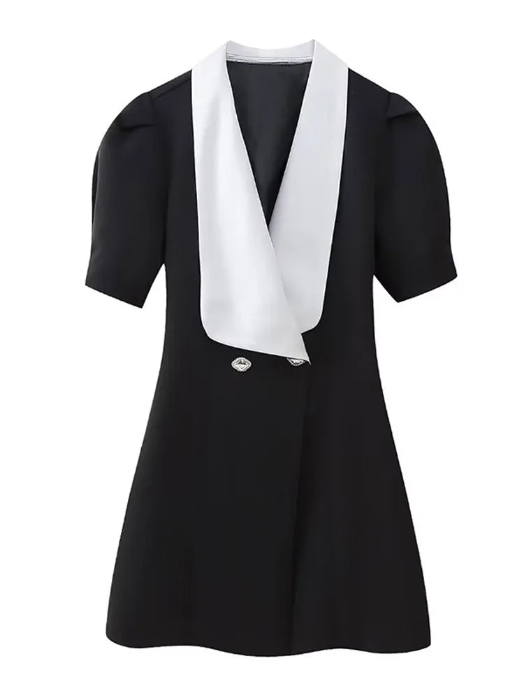 Red Button Mini Dress with V Neck - A-Line Christmas Party Dress - Fashionpara