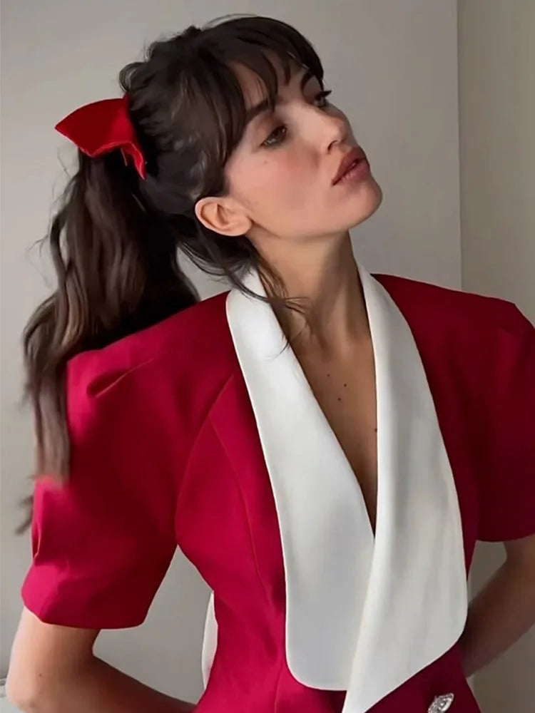 Red Button Mini Dress with V Neck - A-Line Christmas Party Dress - Fashionpara