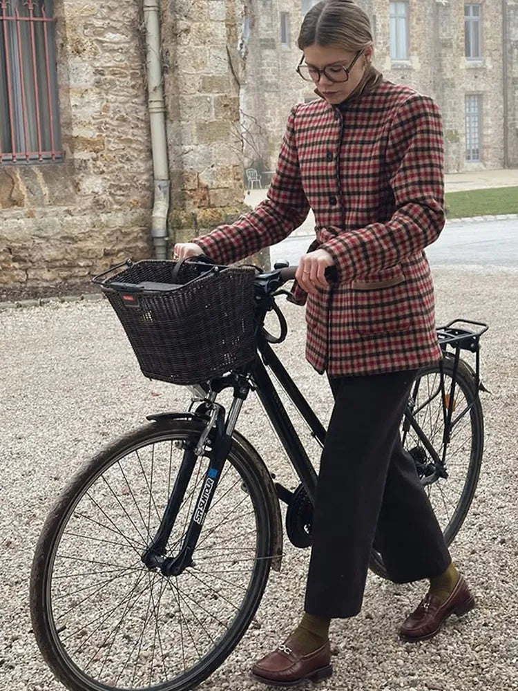 Red Plaid Wool Jacket with Belt Coat