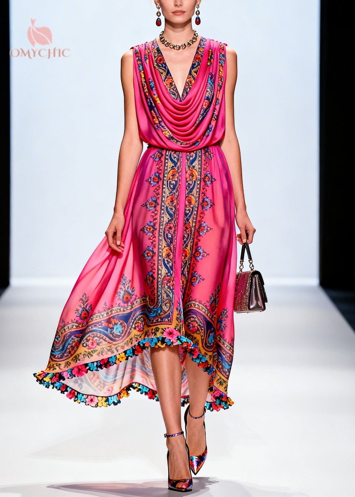 Paisley Print Cowl Neck Sleeveless High Low Midi Party Dress