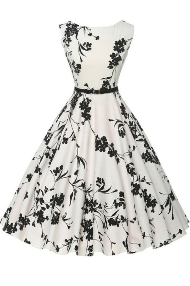 Vintage Round Neck Belt Hepburn Printed Dress - Mislish