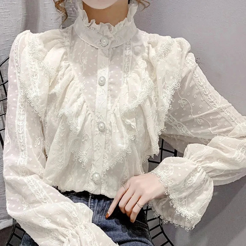 Vintage Ruffled Lace White Shirt Long Sleeve Casual Blouse