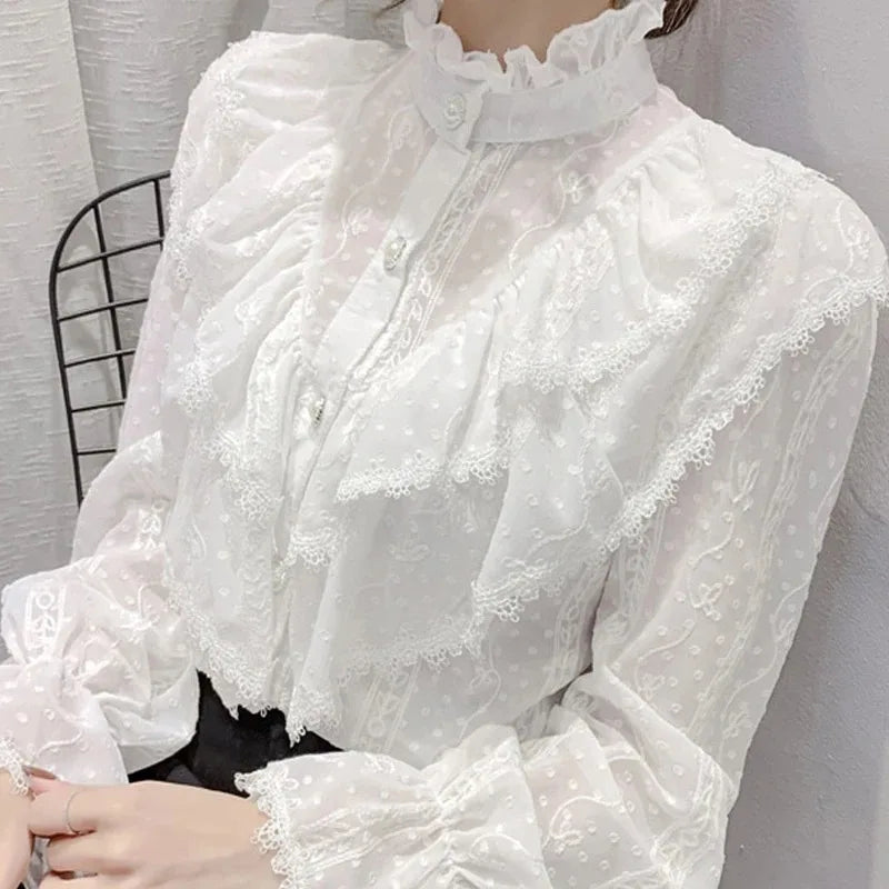 Vintage Ruffled Lace White Shirt Long Sleeve Casual Blouse