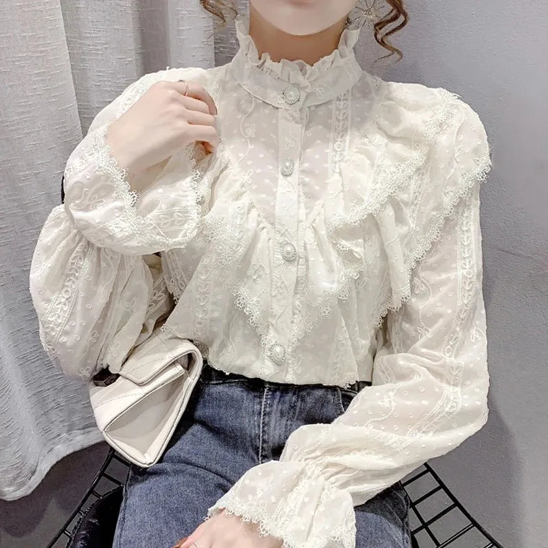 Vintage Ruffled Lace White Shirt Long Sleeve Casual Blouse