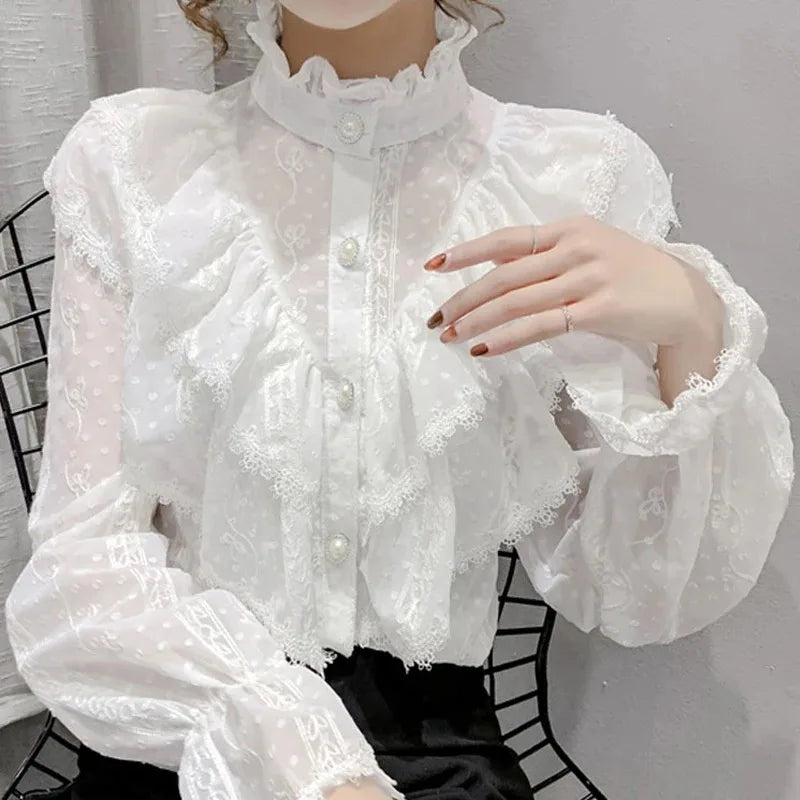 Vintage Ruffled Lace White Shirt Long Sleeve Casual Blouse