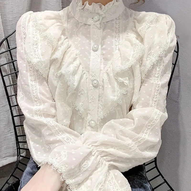 Vintage Ruffled Lace White Shirt Long Sleeve Casual Blouse