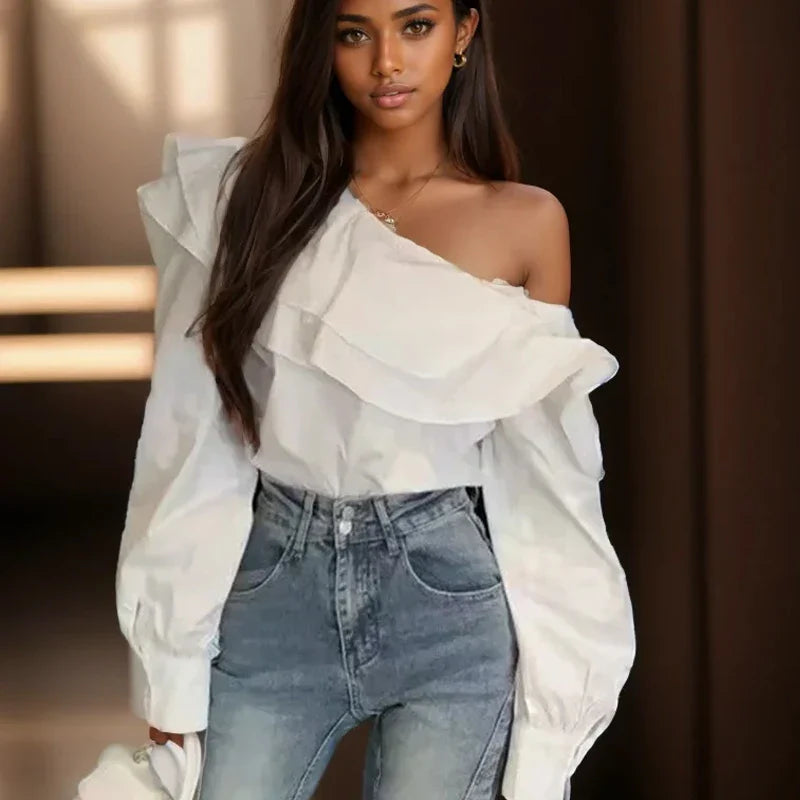 Ruffled Off Shoulder Slim Fit Casual Long Sleeve Blouse
