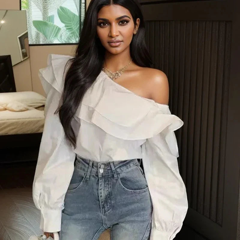 Ruffled Off Shoulder Slim Fit Casual Long Sleeve Blouse