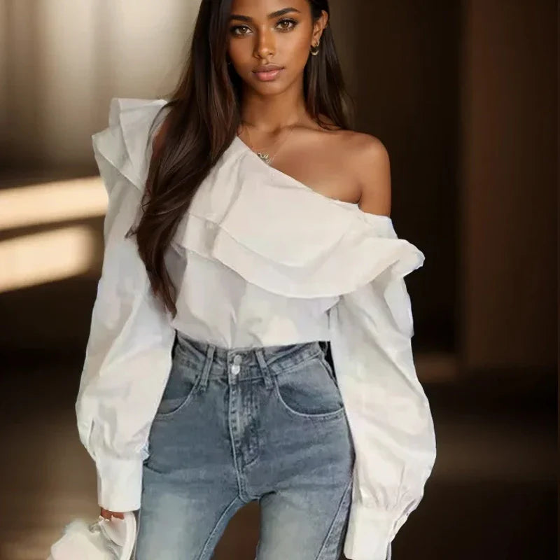 Ruffled Off Shoulder Slim Fit Casual Long Sleeve Blouse