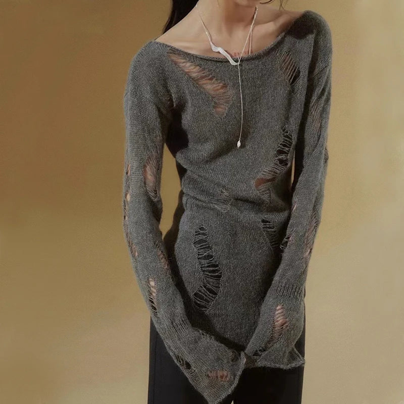 Slim Fit Grunge Hollow Out Knitted Pullover Sweater Top
