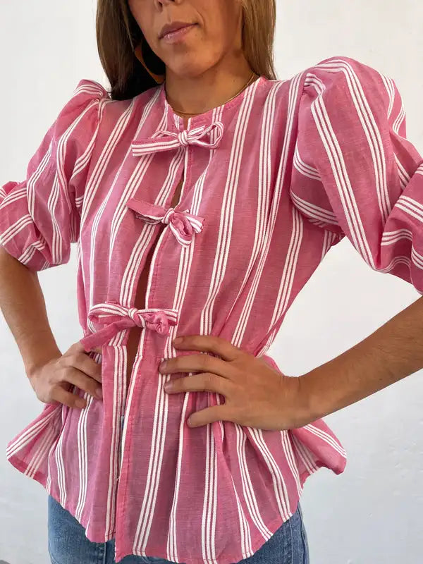 Lace-Up Tie-Up Puff Sleeve Midi Blouse