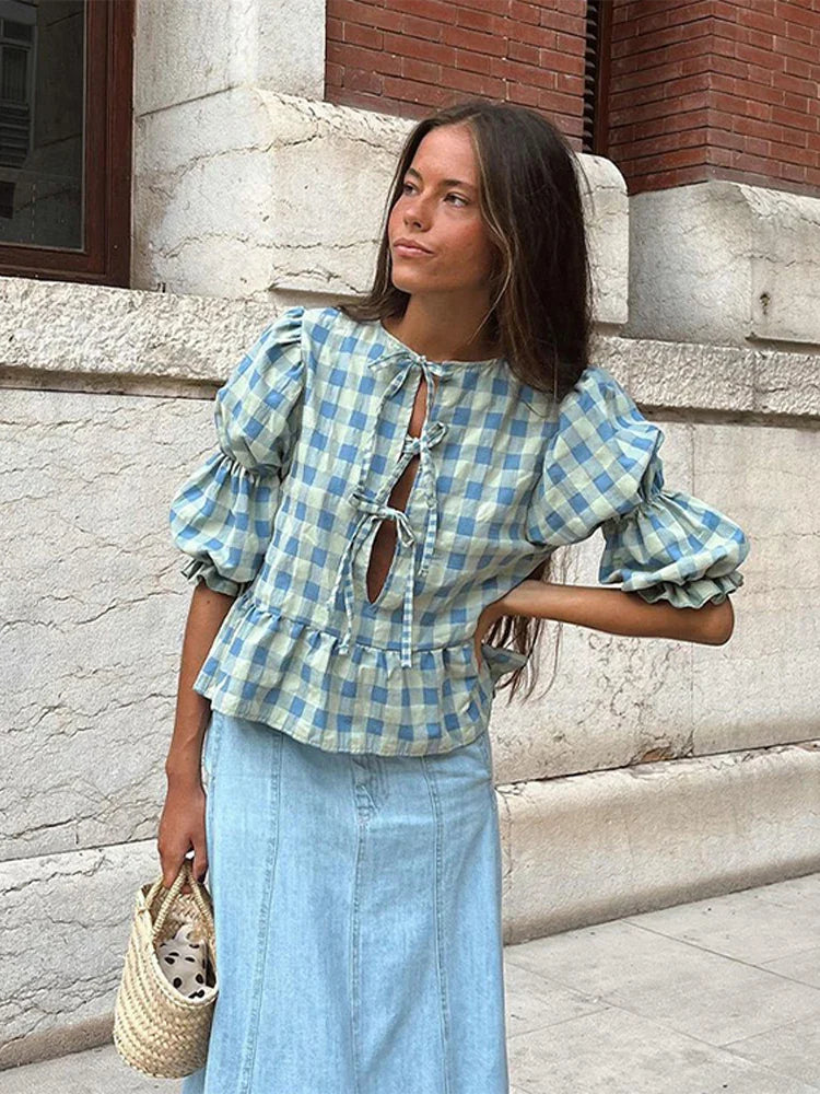 Lace-Up Tie-Up Puff Sleeve Midi Blouse