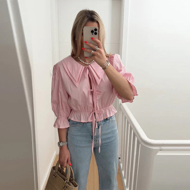 Lace-Up Tie-Up Puff Sleeve Midi Blouse