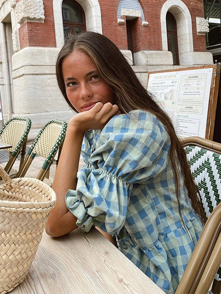 Lace-Up Tie-Up Puff Sleeve Midi Blouse