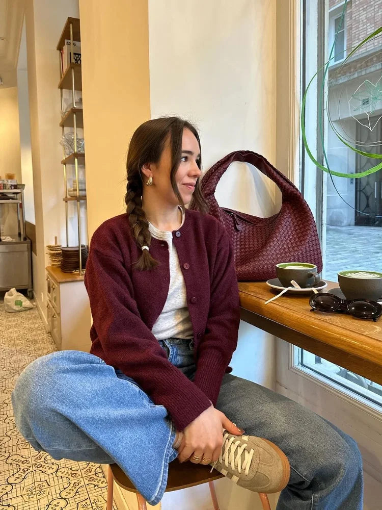 Wine Red Button Round Neck Cardigan