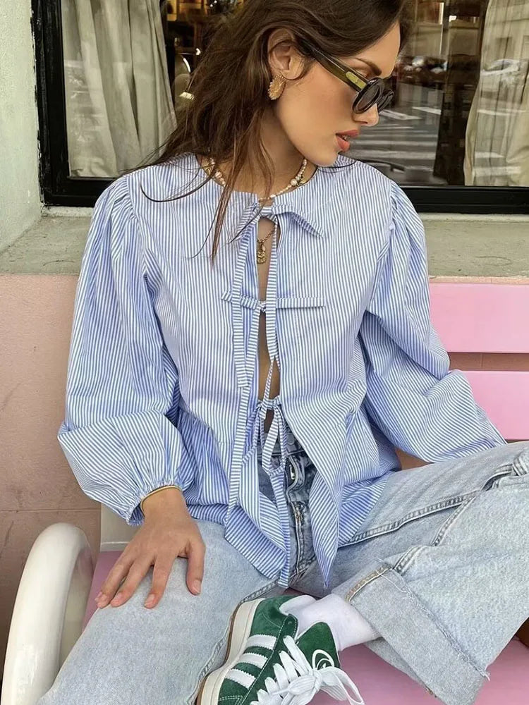 Striped Puff Sleeve Holiday Blouse