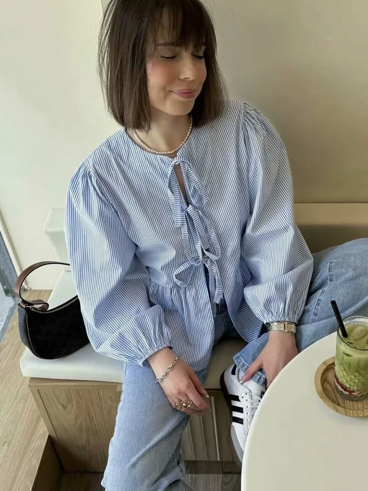 Striped Puff Sleeve Holiday Blouse