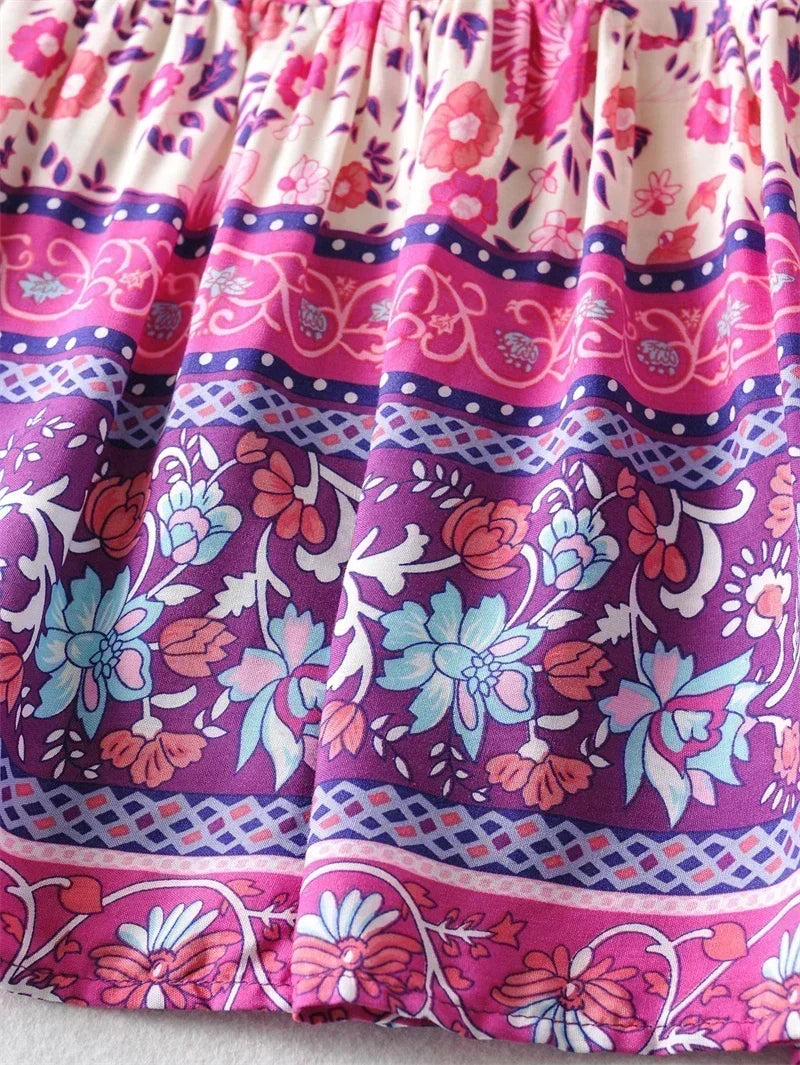 Vintage Women Tassel Elastic Boho Pink Floral Printed Vacation Beach Skirt