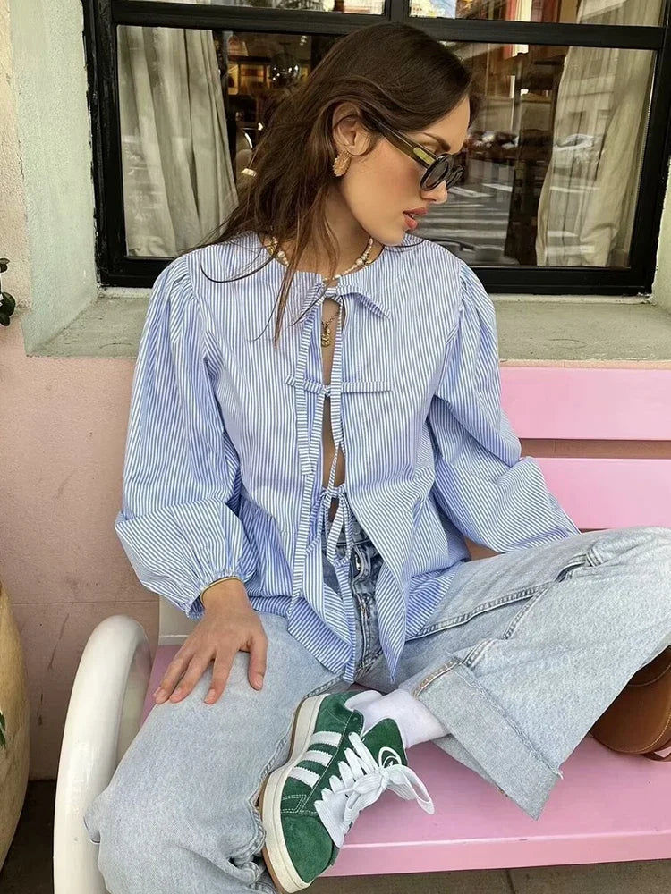 Vintage Puff Sleeve Bow Button Blouse