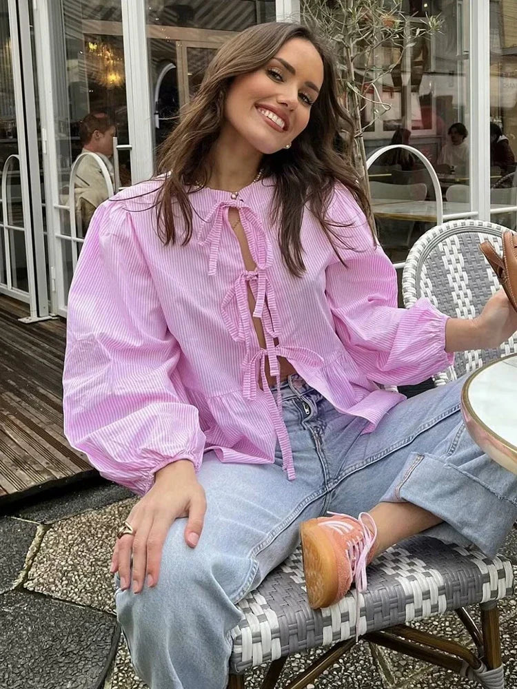 Vintage Puff Sleeve Bow Button Blouse