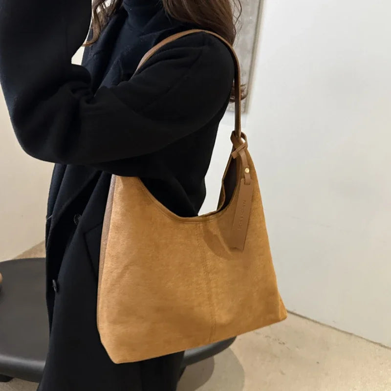 Vintage Faux Suede Large Shoulder Tote Bag