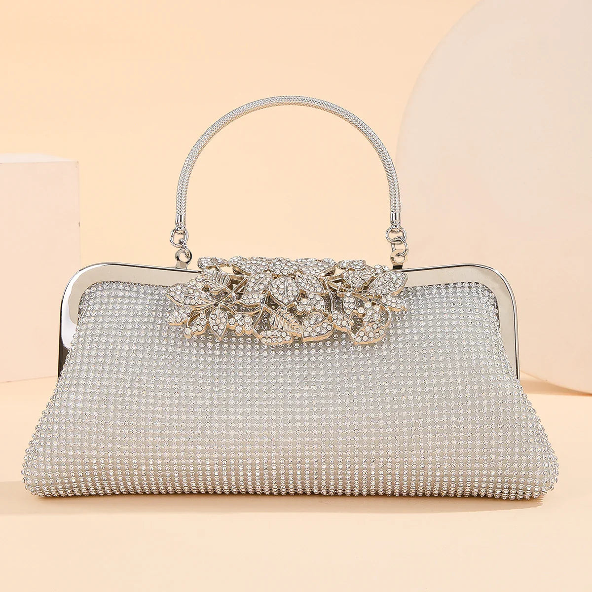 Vintage Rhinestone Flower Kiss Lock Clutch Bag