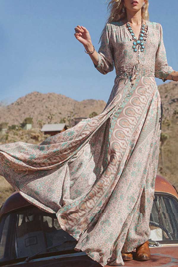 Vintage Print V-neck Tassel Chiffon Dress