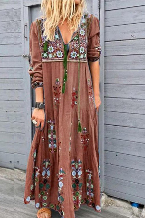 V-neck Tassel Embroidery Maxi Dress - Mislish
