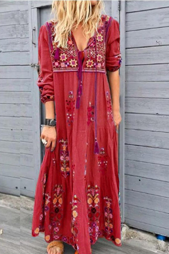 V-neck Tassel Embroidery Maxi Dress - Mislish