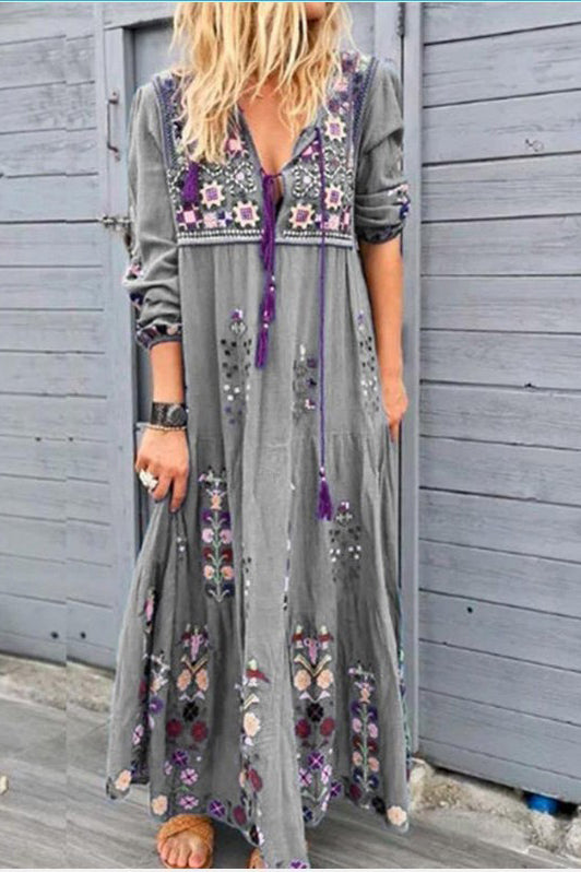 V-neck Tassel Embroidery Maxi Dress - Mislish