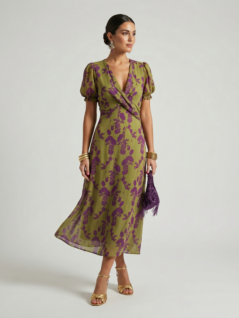 Floral Print Wrap V-Neck Puff Sleeve Midi Dress