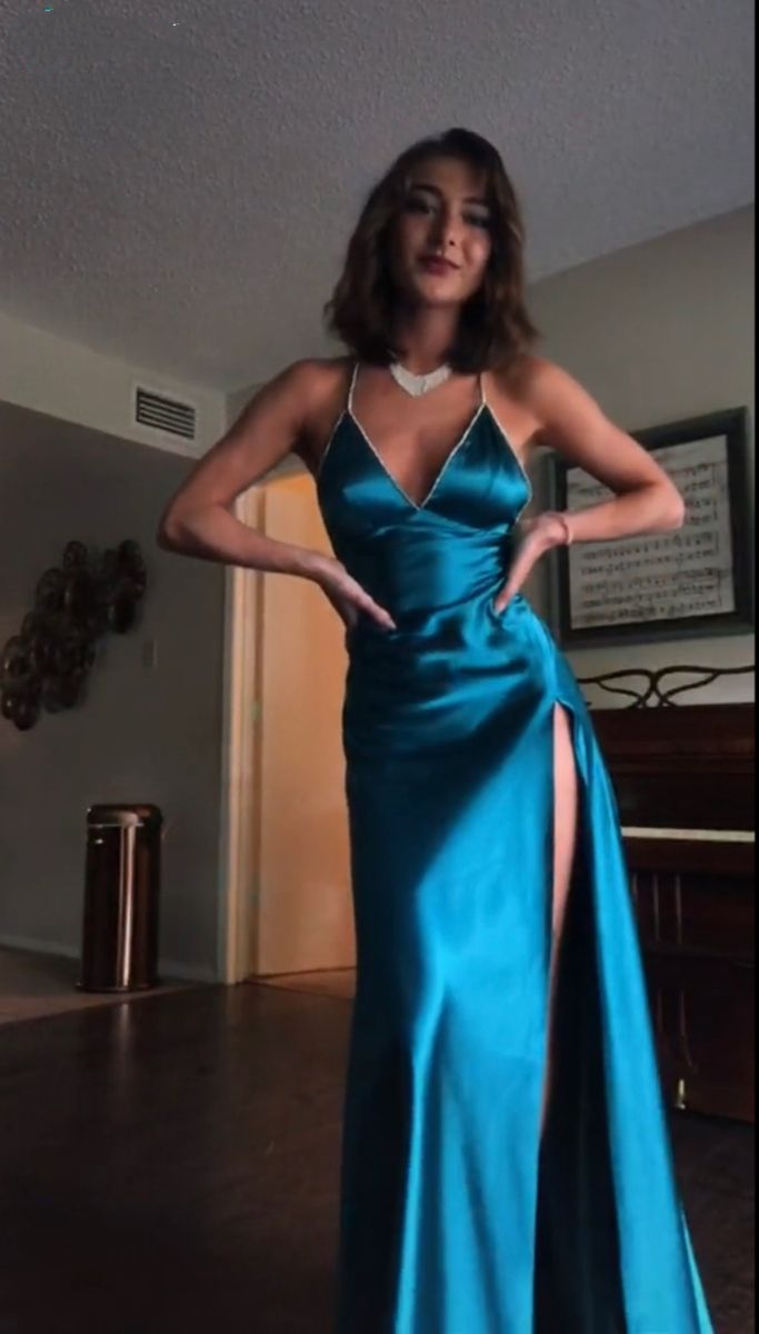 Classy Spaghetti Straps Blue Satin Beaded A Line Slit Long Wedding Guest Dress Evening Gown D1588