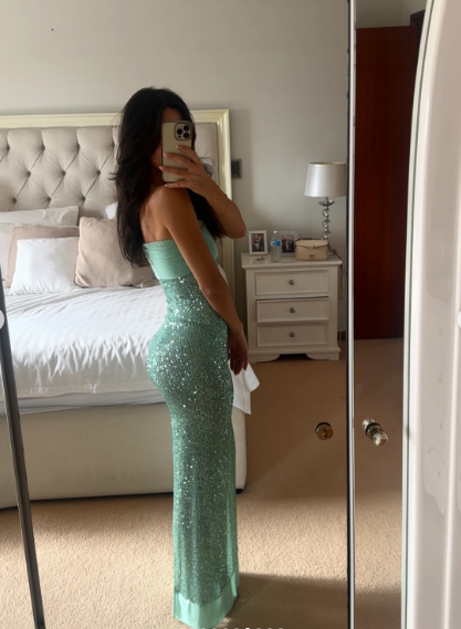 Sparkly Strapless Green Sequin Mermaid Prom Dress Long Party Gown With Ribbon D1032
