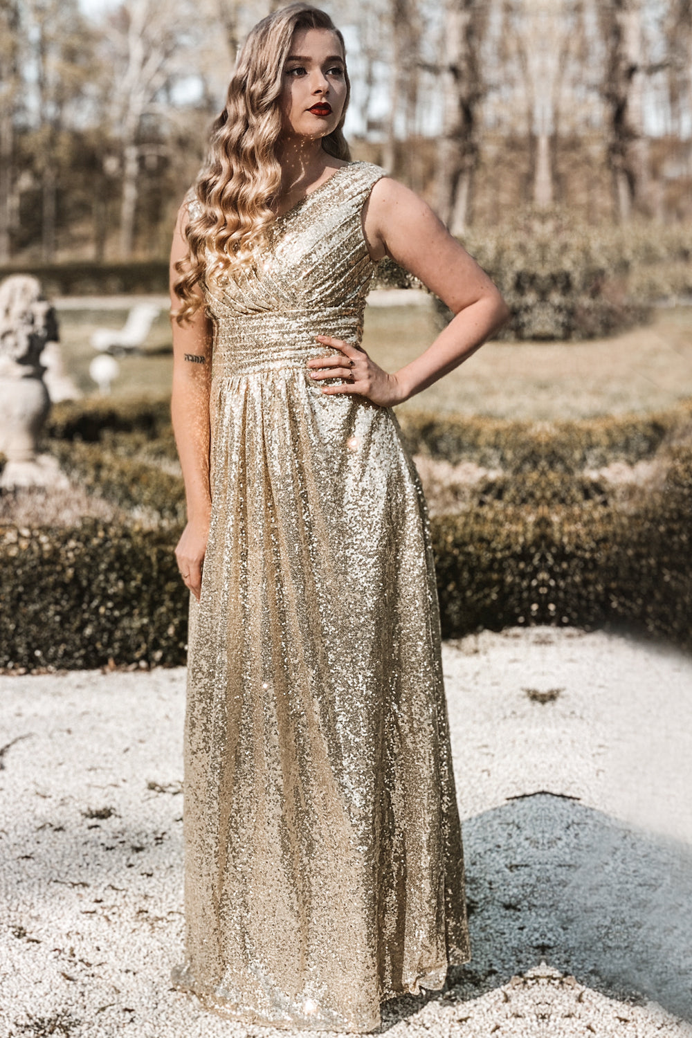 Gold V Neck Sequin Prom Bridesmaid - Fashionpara